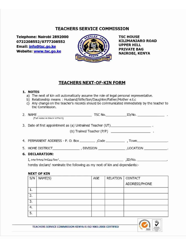 tsc form next of kin
