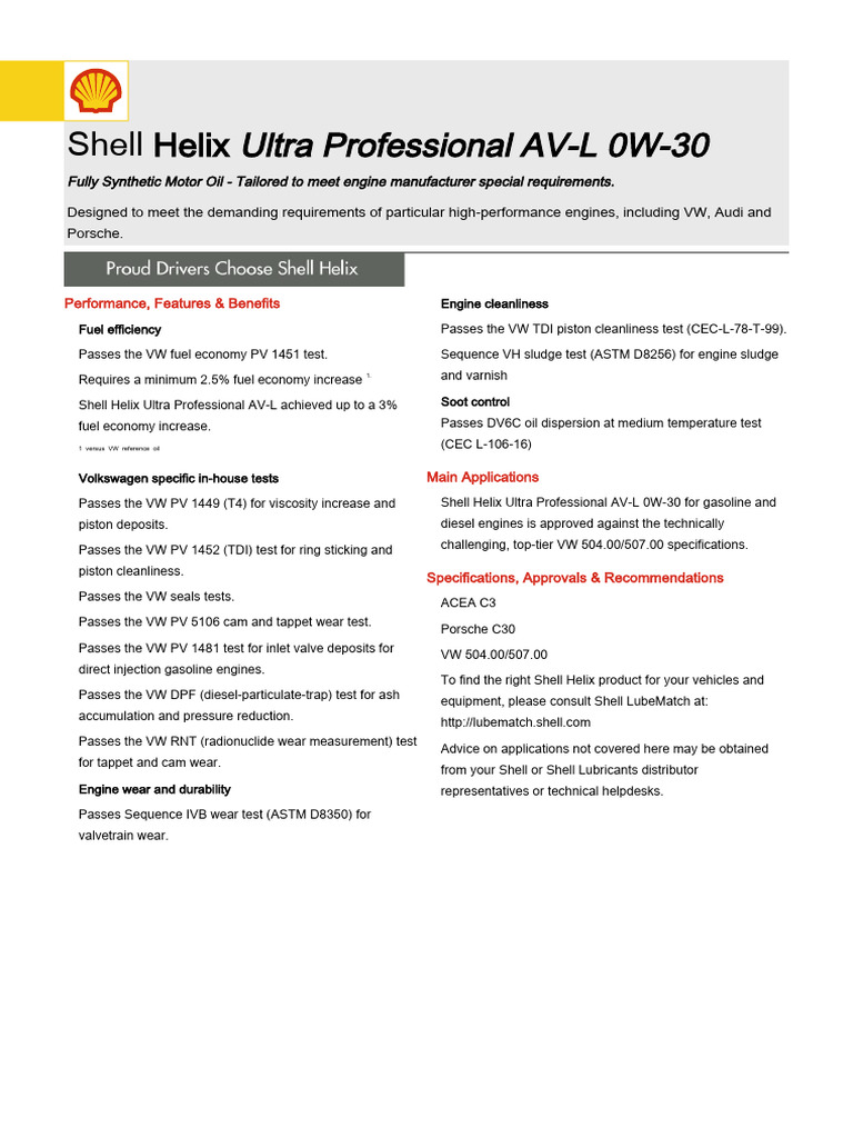 Shell Hellix Ultra Av-l 0w30 | PDF | Volkswagen | Motor Oil