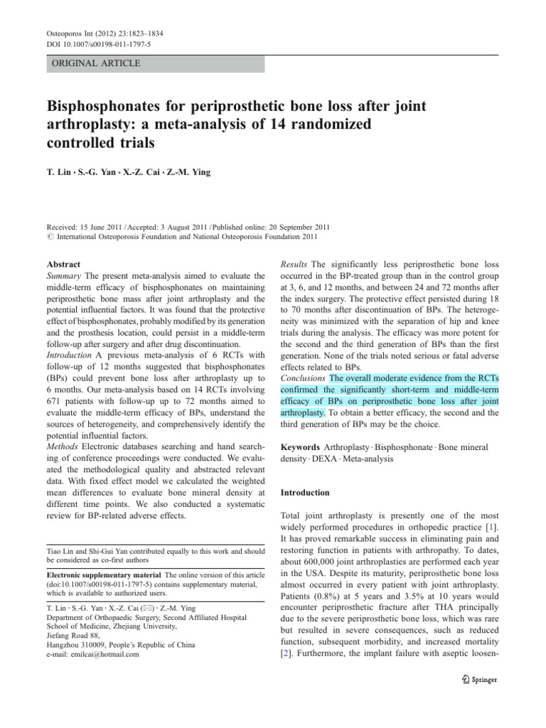 Bisphosphonates For Periprosthetic Bone Loss After Joint Replacement ...