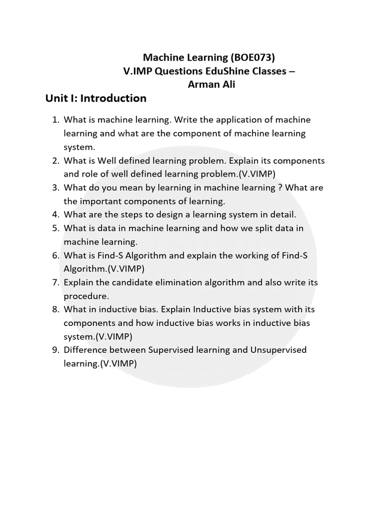 ML All Unit v.imp Ques(EduShine Classes) | PDF | Cluster Analysis ...