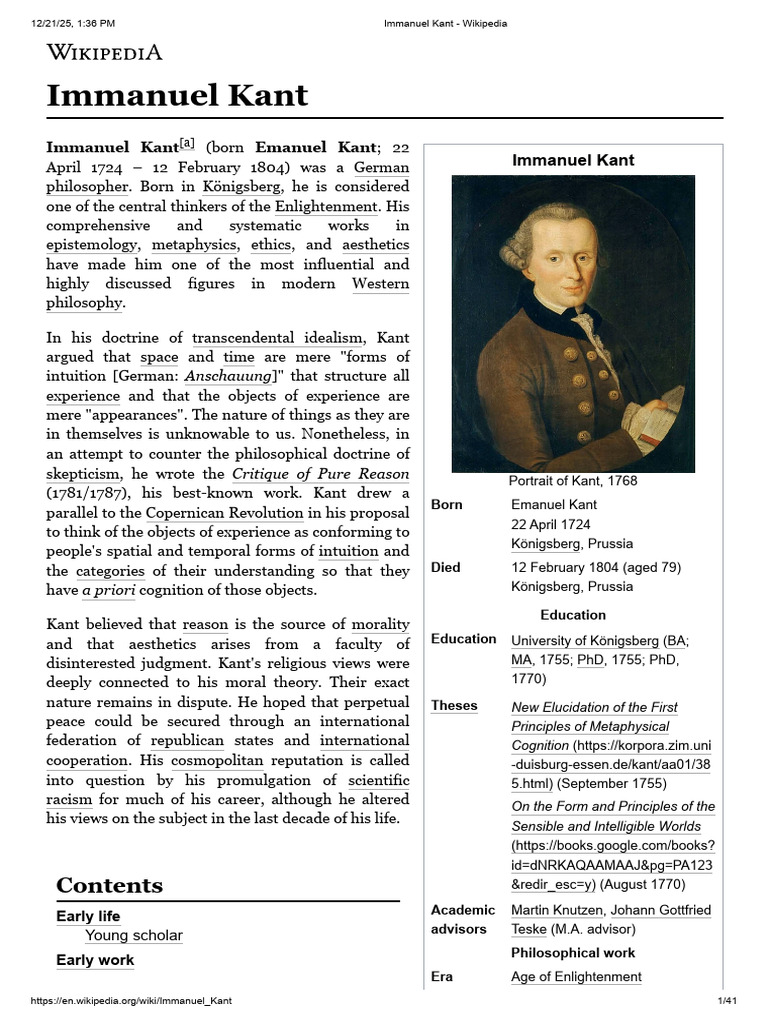 Immanuel Kant - Wikipedia Save as PDF | PDF | Immanuel Kant | A Priori ...