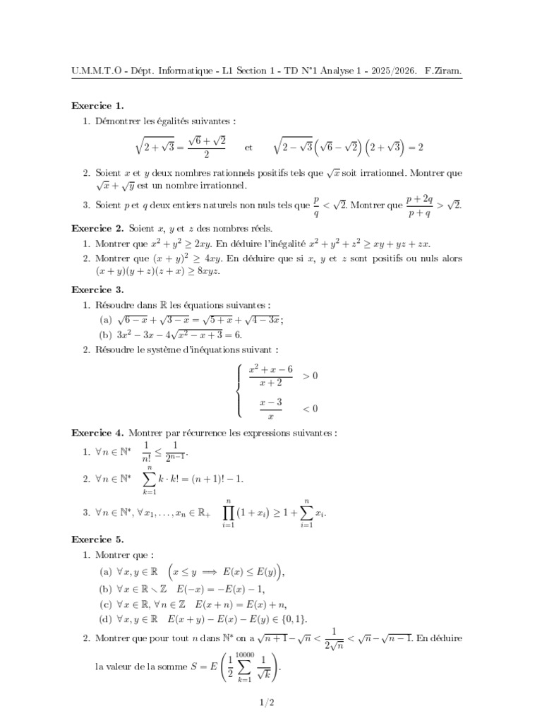 TD Analyse 1 - Exercices de Mathématiques | PDF | Arithmétique ...
