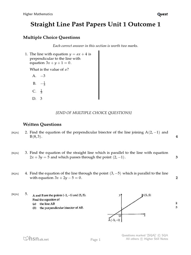 Higher Mathematics Straight Line Questions | PDF | Triangle | Equations