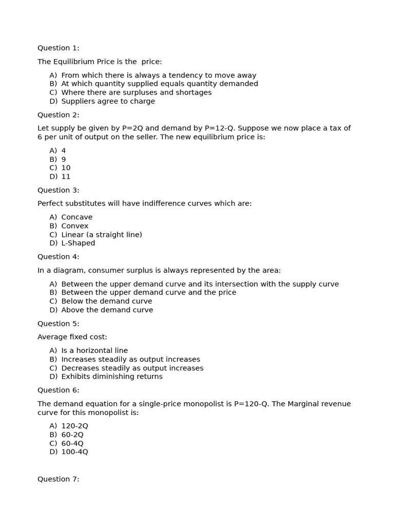 Economics Questions on Equilibrium and Market Structures | PDF ...