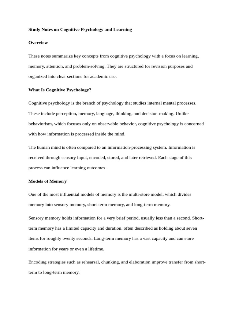 Study Notes on Cognitive Psychology and Learning | PDF | Memory | Cognition
