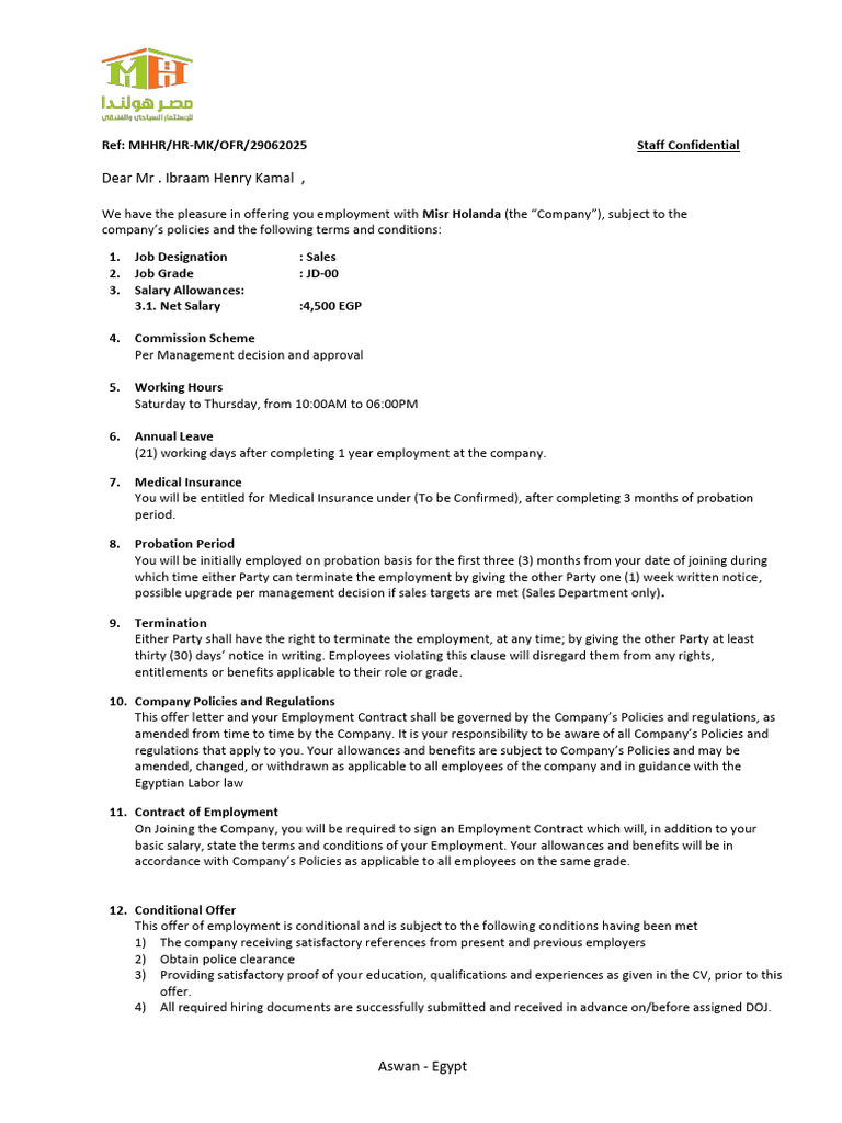 Misr Holanda Offer of Employment - Ibraam | PDF | Employment | Business