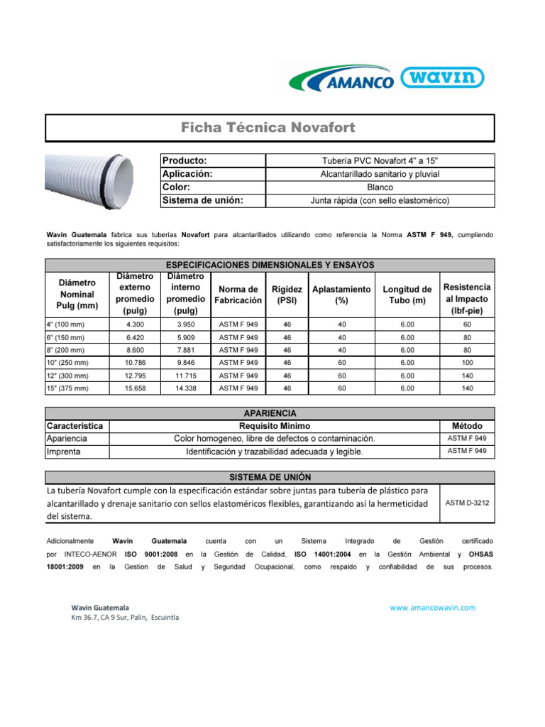 Especificaciones Tubería PVC Novafort | PDF