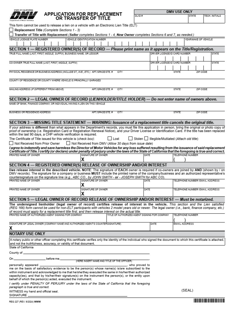 DMV Title Replacement Application Form | PDF | Department Of Motor ...
