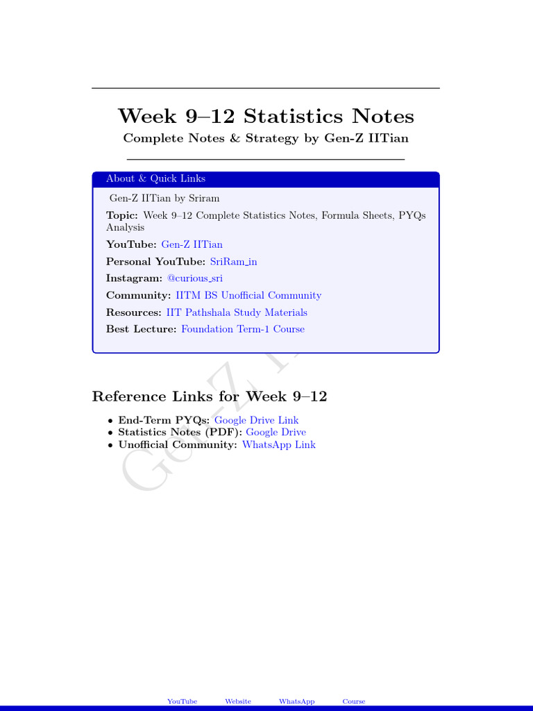 Week 9-12 Statistics Notes for IITians | PDF | Probability Distribution ...
