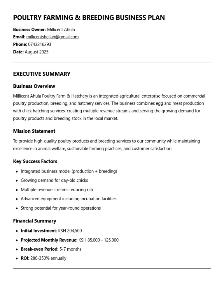 Poultry Farming & Breeding Business Plan - Millicent Ahula | PDF ...