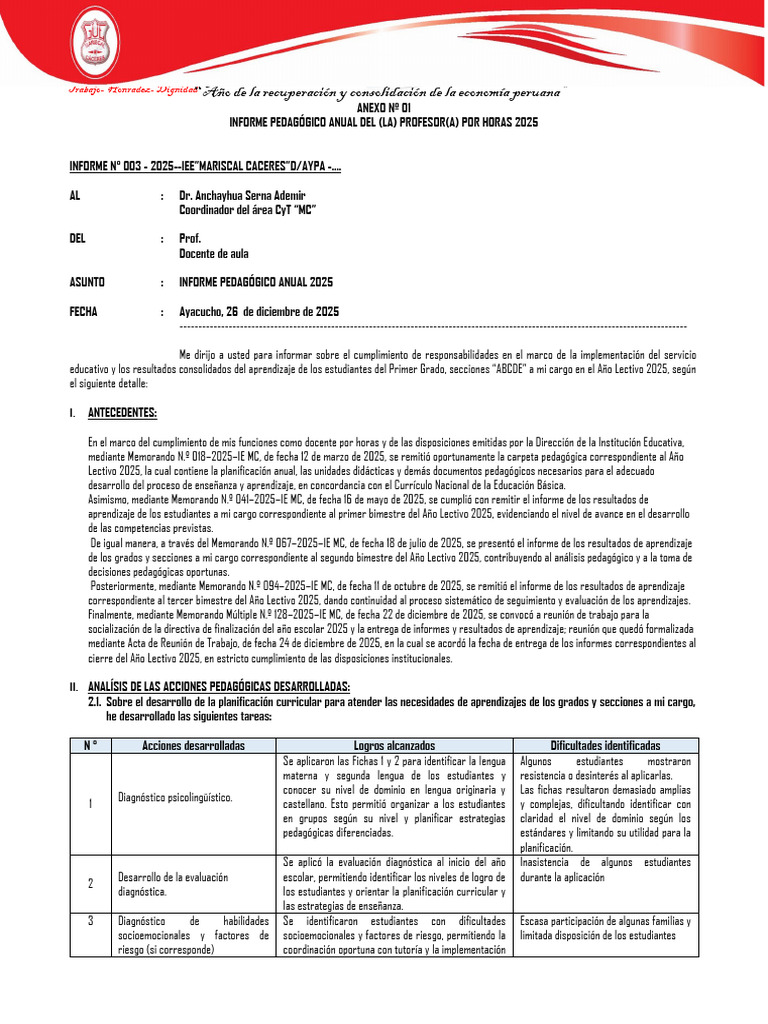 Informe Pedagógico Anual 2025 | PDF | Evaluación | Plan de estudios