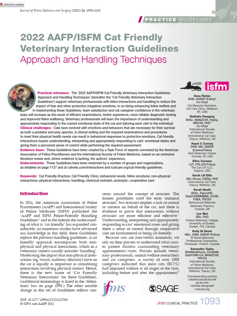 Rodan Et Al 2022 2022 Aafp Isfm Cat Friendly Veterinary Interaction ...
