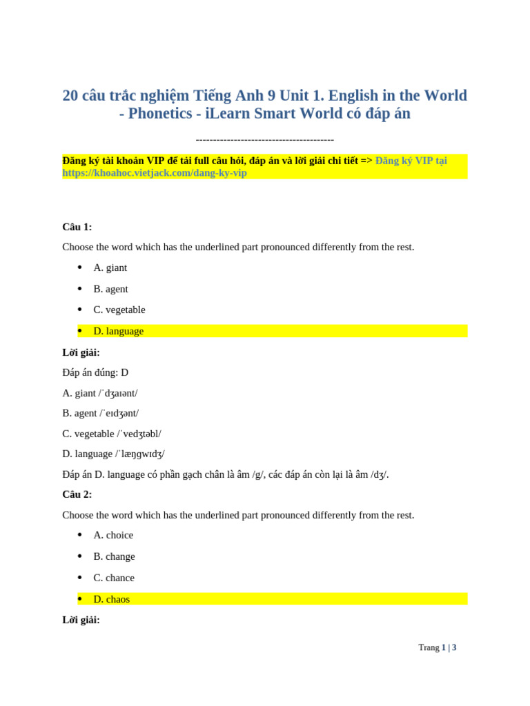20 Cau Trac Nghiem Tieng Anh 9 Unit 1 English in The World Phonetics ...