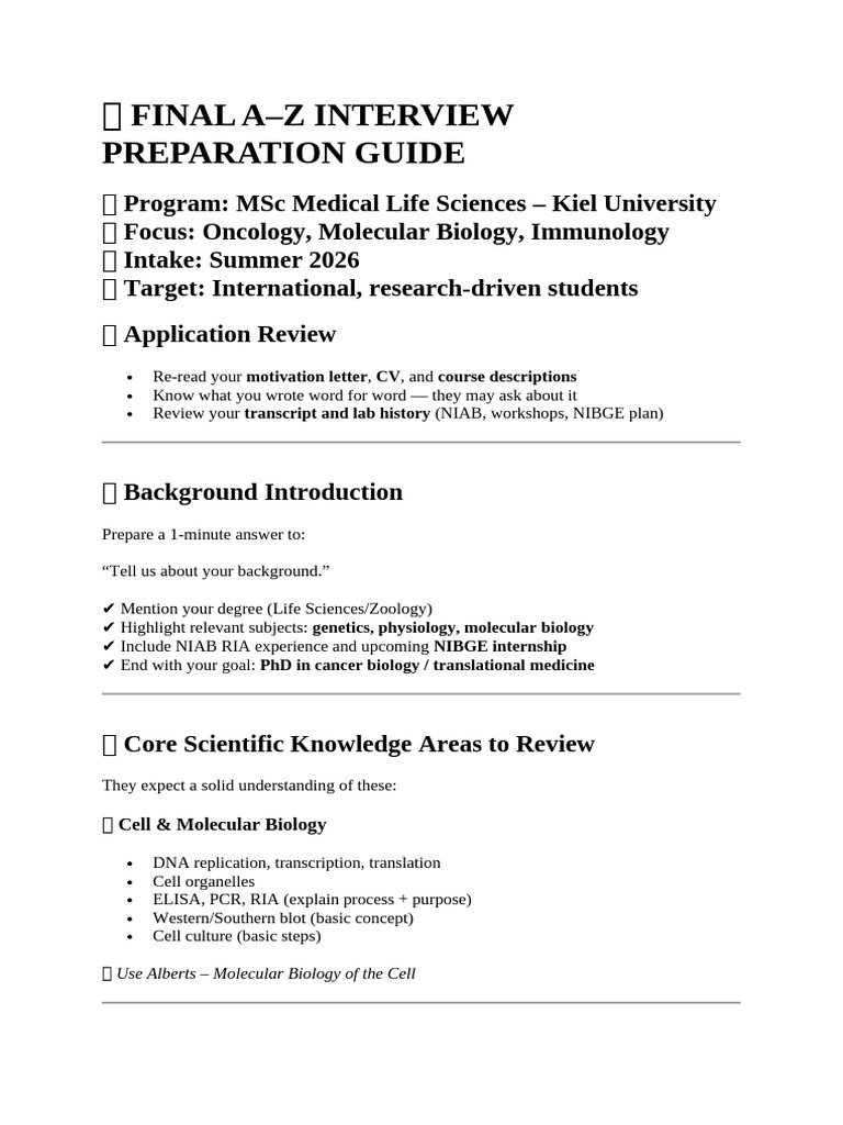 A-Z Interview Prep for MSc Medical Life Sciences | PDF | Molecular ...