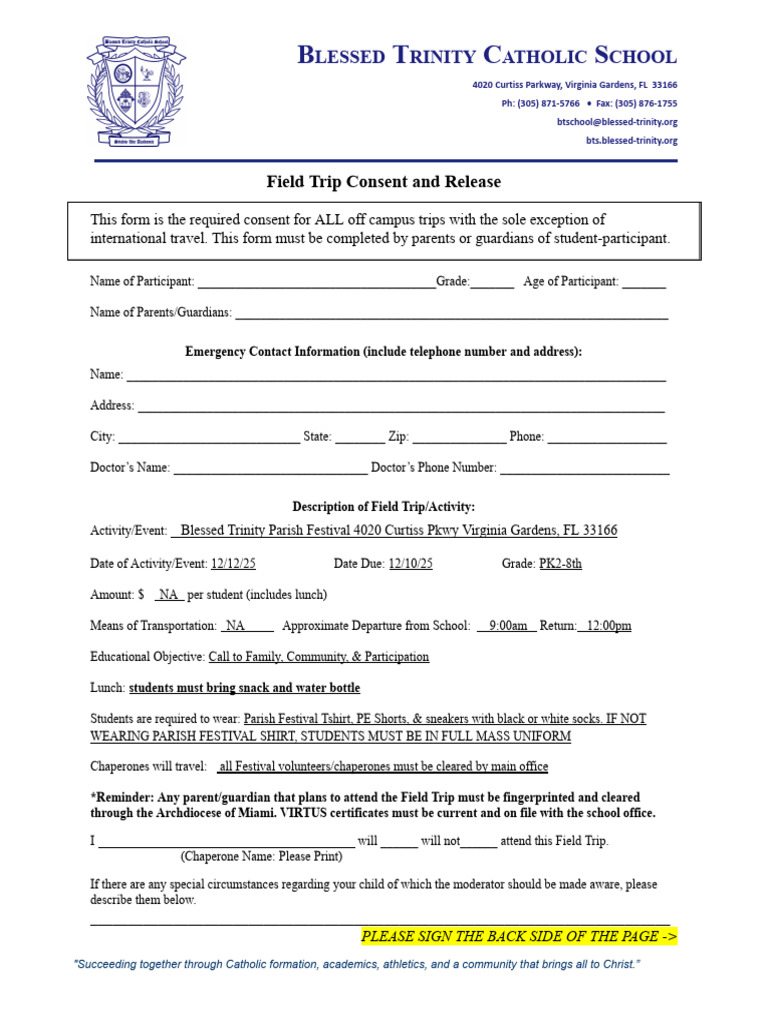 Field Trip Consent Form - Blessed Trinity | PDF | Insurance | Common Law
