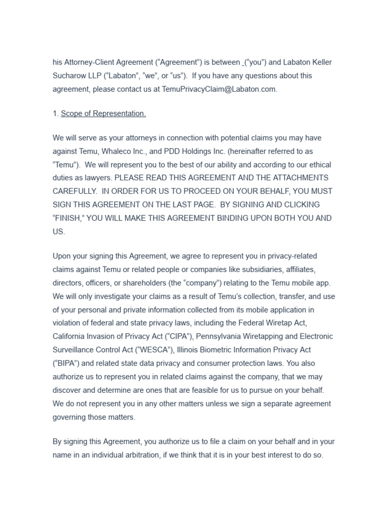 Temu Attorney-Client Agreement | PDF | Arbitration | Mediation