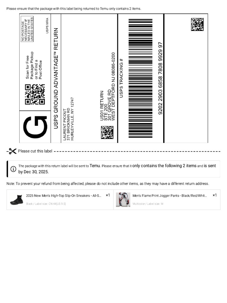 Temu Return Instructions for 2 Items | PDF