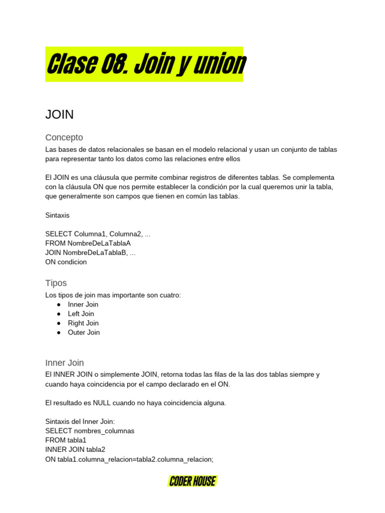 Tipos de JOIN y UNION en SQL | PDF | Bases de datos | Gestión de datos