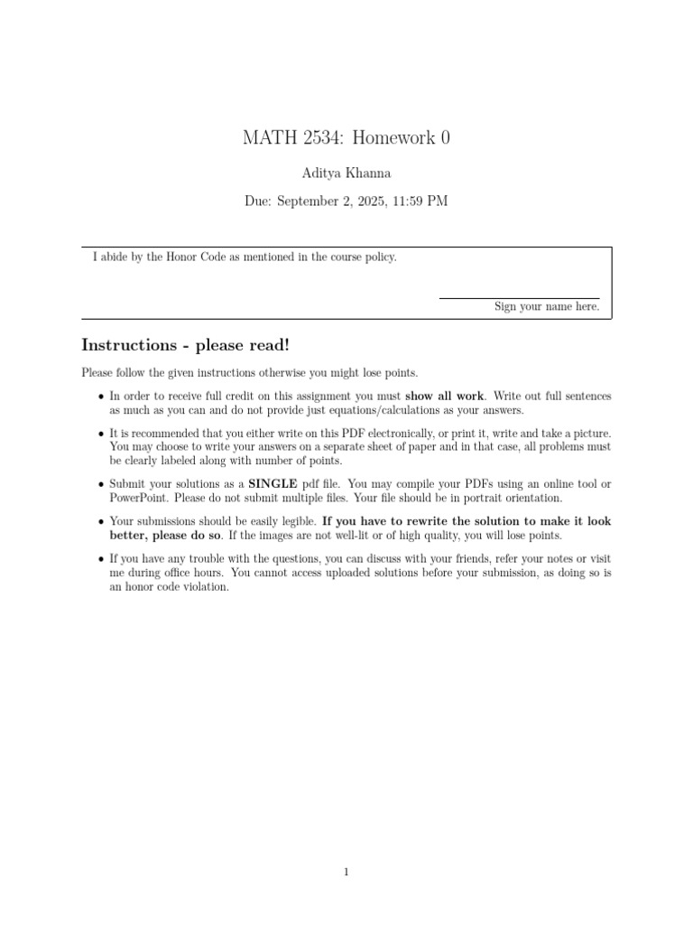 MATH 2534 Homework 0 Instructions | PDF