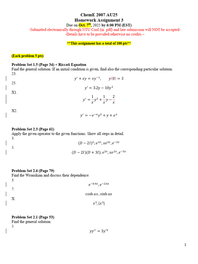 ChemE 2007 HW3 Due Oct7 | PDF