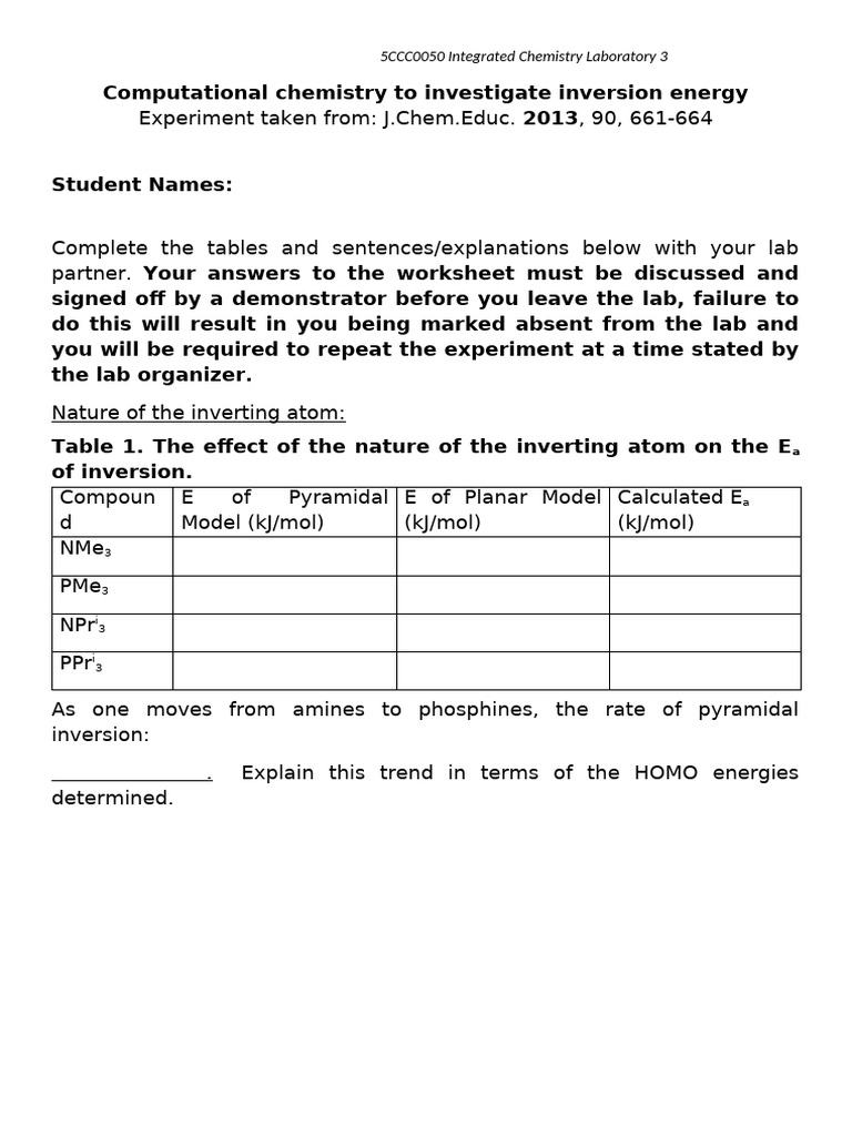 Inversion Energy in Chemistry Lab Experiment | PDF | Organic Chemistry ...