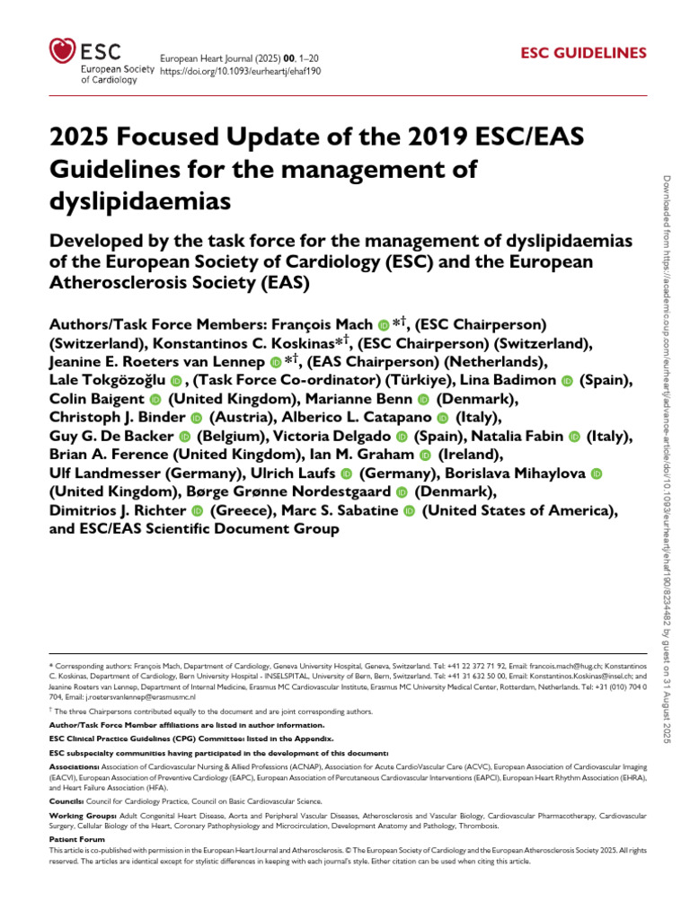 2025 ESC/EAS Dyslipidaemia Guidelines | PDF | Atherosclerosis | Low ...