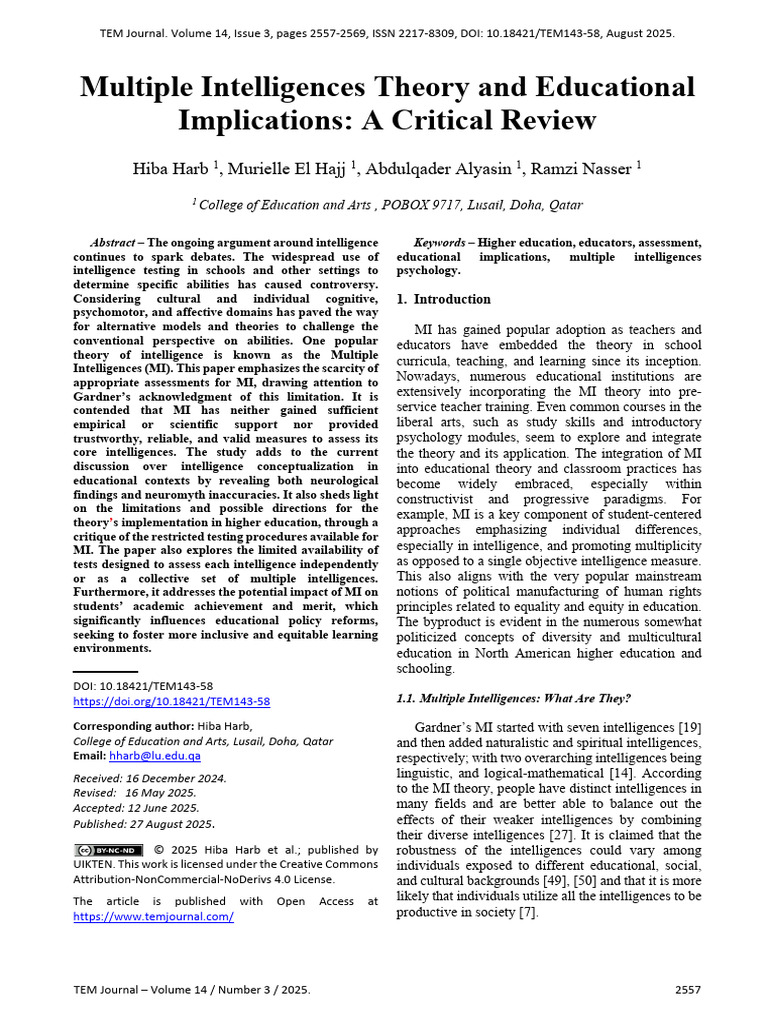Critical Review of Multiple Intelligences | PDF | Intelligence | Pedagogy