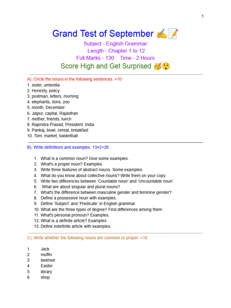 English Grammar Test: Nouns & Verbs | PDF | Noun | English Grammar