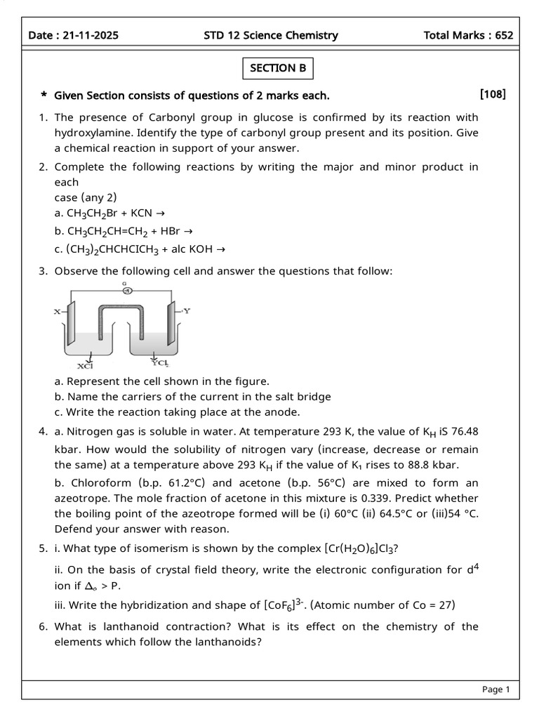 Chemistry Exam Questions for Class 12 | PDF | Chemical Reactions | Acid