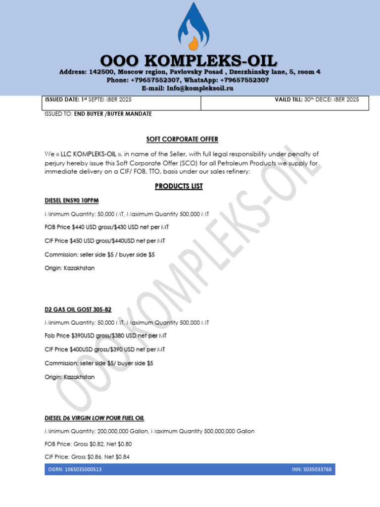 Soft Corporate Offer for Petroleum Products | PDF | Letter Of Credit ...