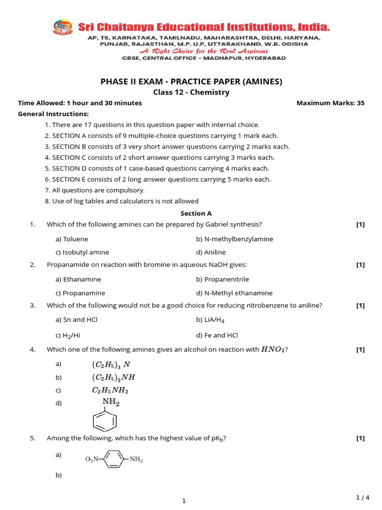 Class 12 Chemistry Amines Practice Paper | PDF | Amine | Organic Compounds