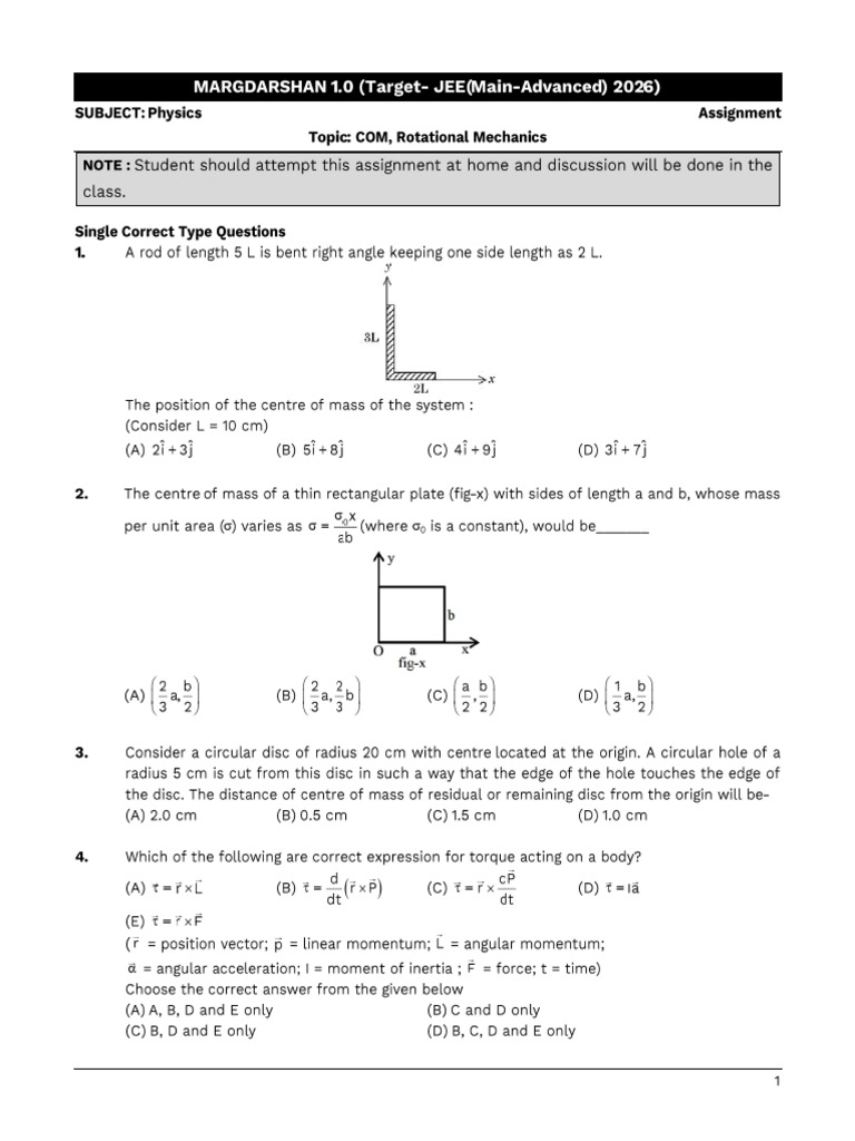 JEE Physics Assignment: COM & Rotational Mechanics | PDF | Rotation ...