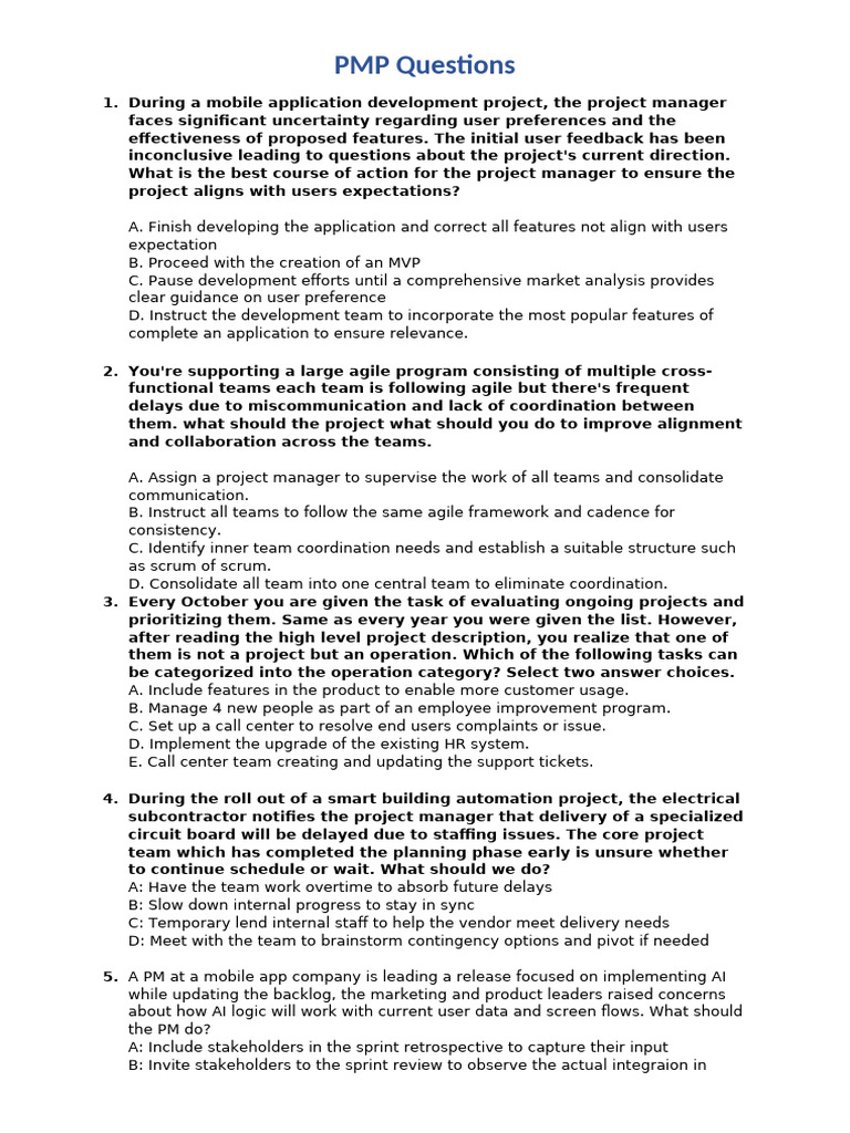 PMP Exam Practice Questions and Answers | PDF | Scrum (Software ...