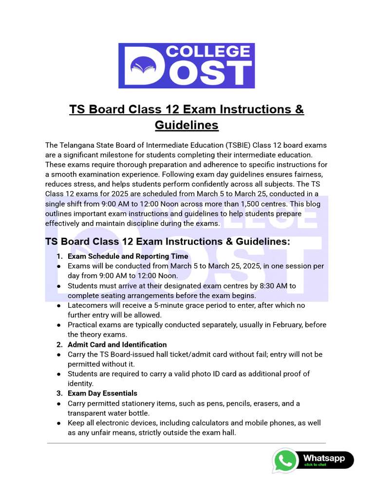 TS Class 12 Exam Guidelines 2025 | PDF