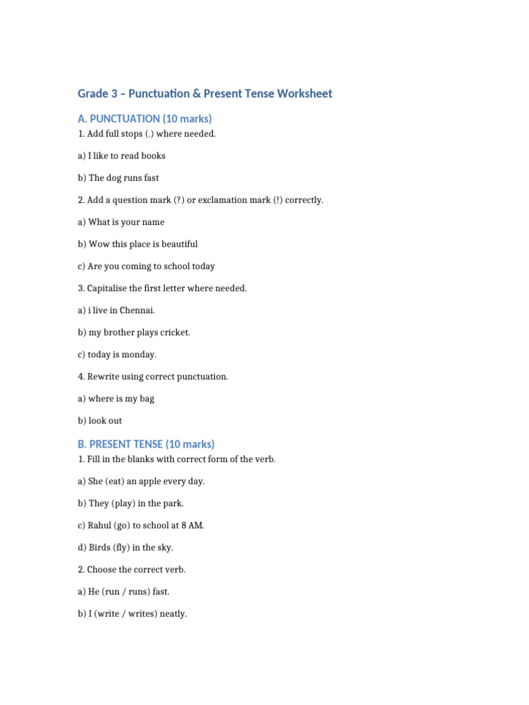 Grade3 Punctuation PresentTense Worksheet | PDF