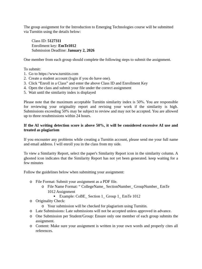 Turnitin Submission Guide for EmTe 1012 | PDF