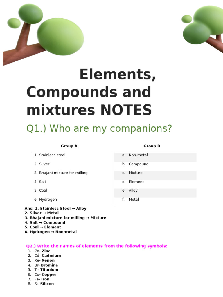Elements, Compounds, and Mixtures Guide | PDF | Chemical Substances ...