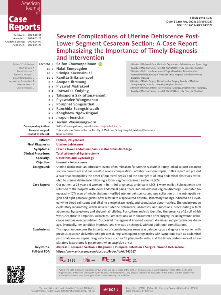 Uterine Dehiscence Post-Cesarean Case Study | PDF | Caesarean Section ...