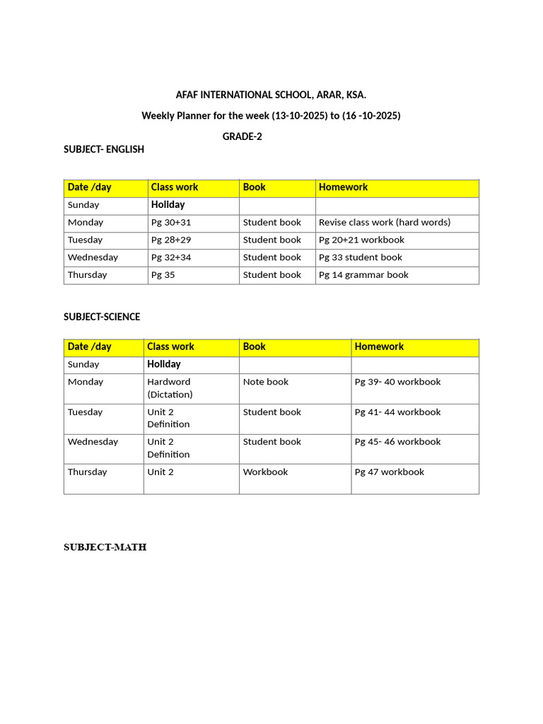 Grade 2 Weekly Planner: Oct 13-16, 2025 | PDF