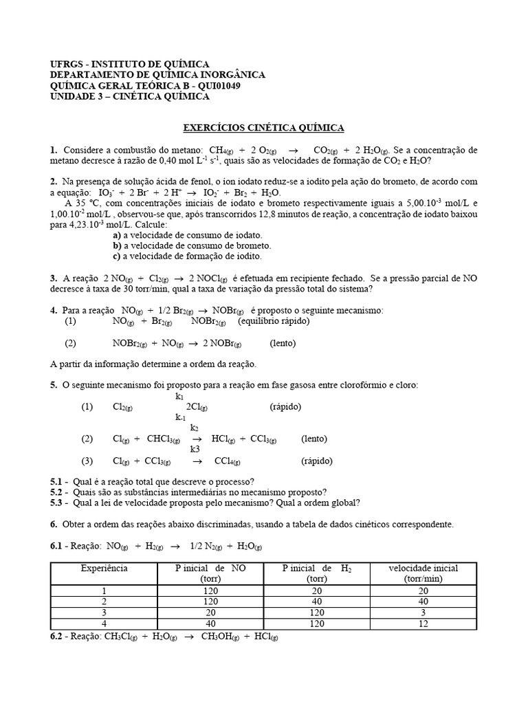 Exercícios de Cinética Química UFRGS | PDF | Reações químicas ...