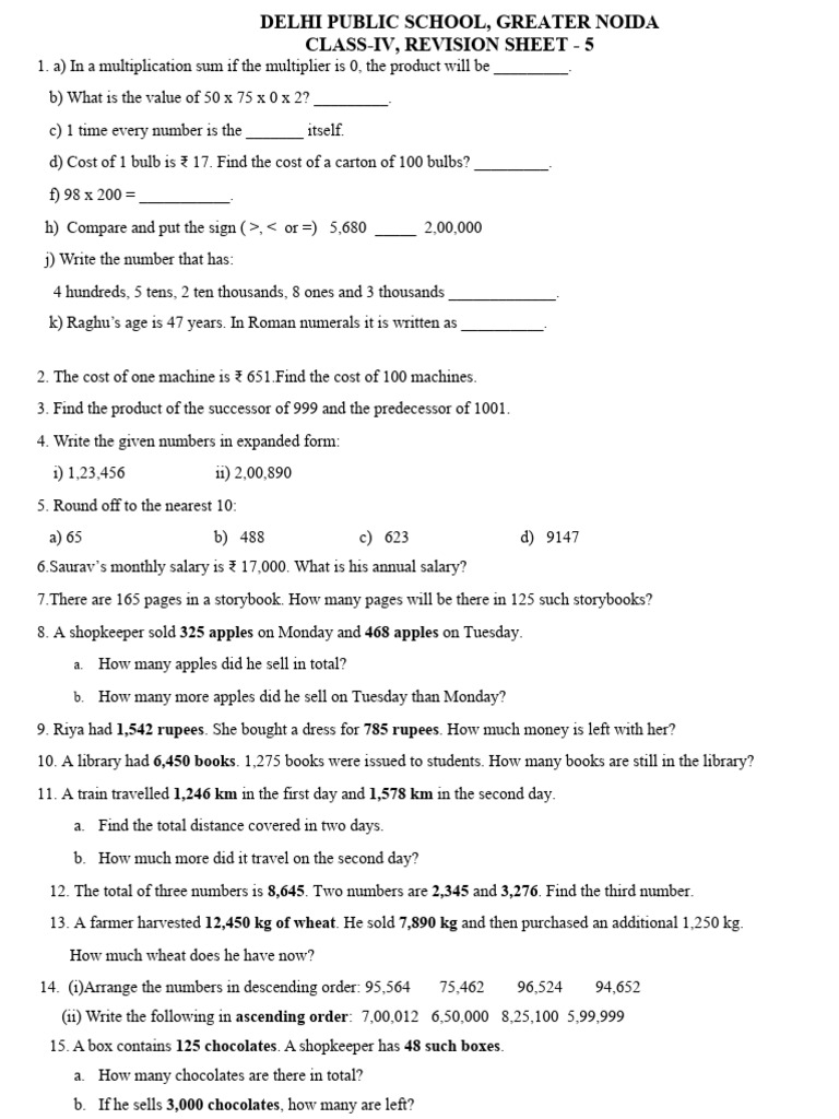 Class IV Math Revision Sheet 5 | PDF | Arithmetic | Number Theory