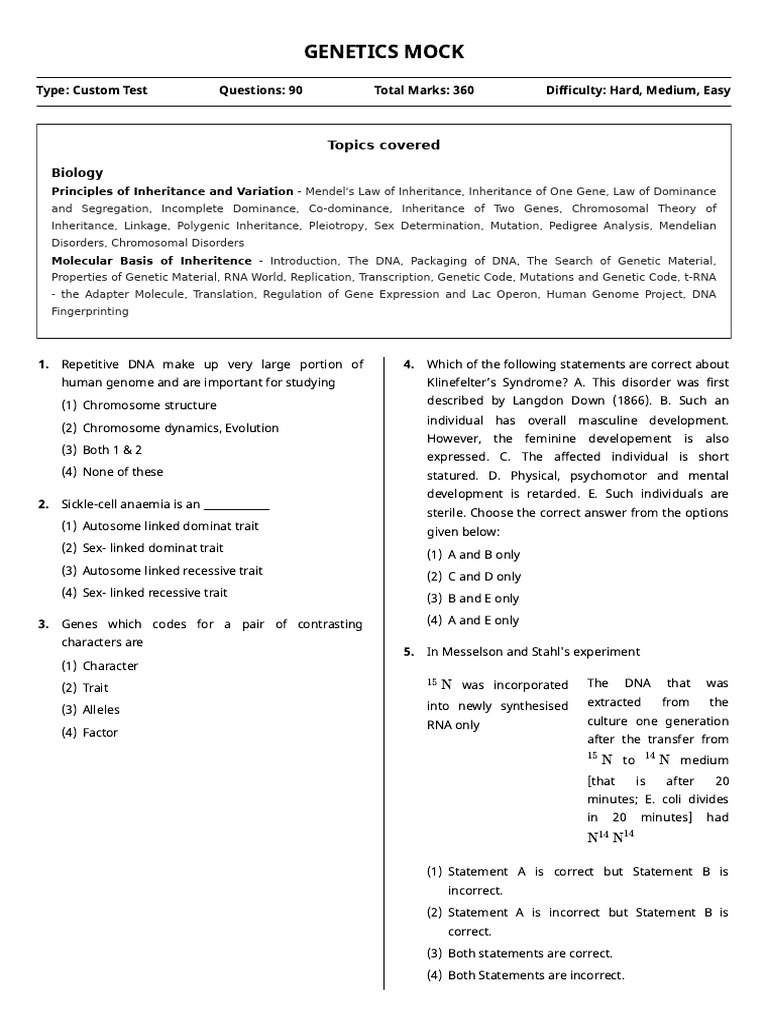 Comprehensive Genetics Mock Test | PDF | Gene | Dominance (Genetics)