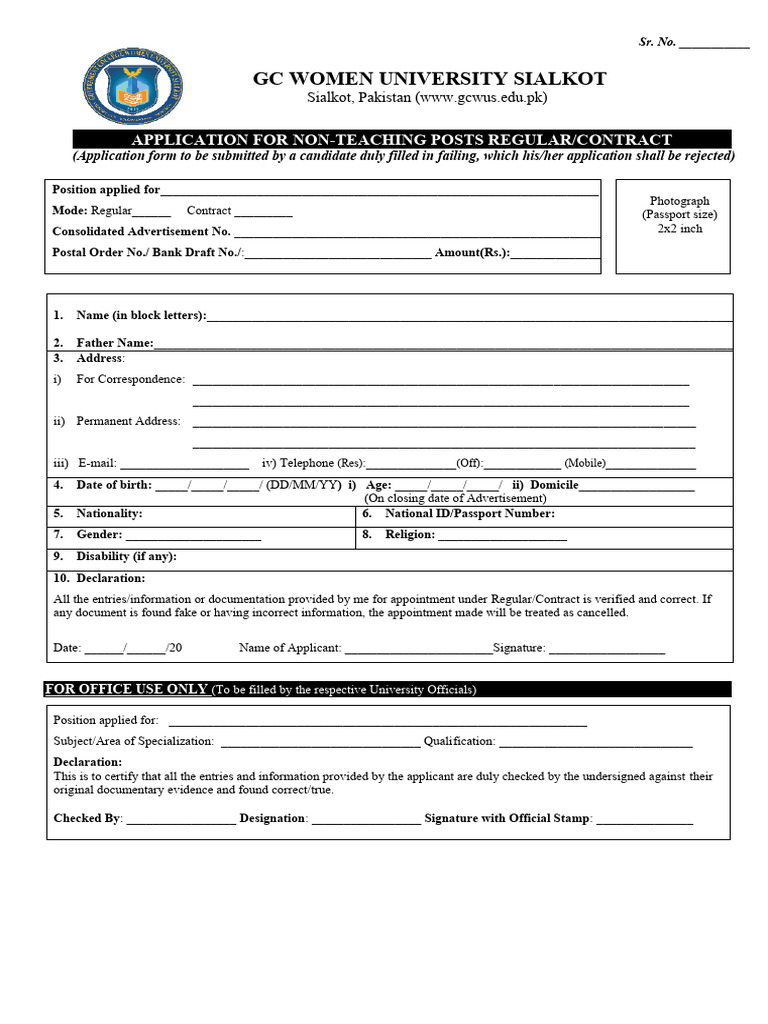 GC Women University Job Application Form | PDF