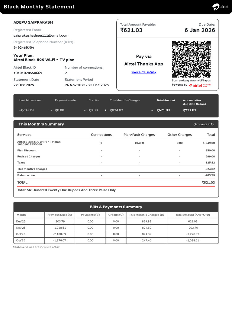 Airtel Black 699 Plan Bill Summary | PDF | Credit Card | Cheque