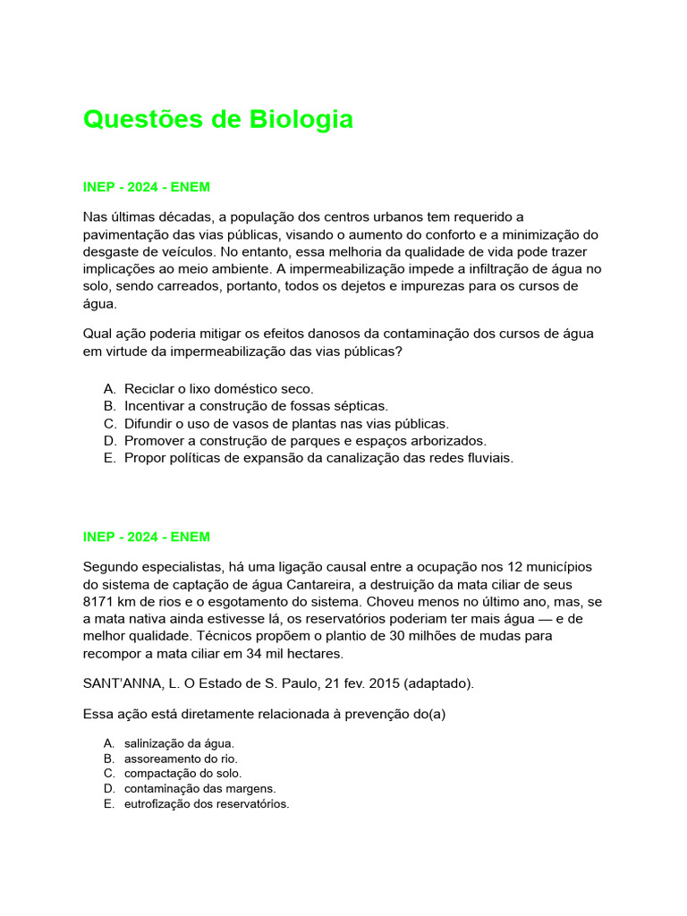Questões de Biologia e Geografia ENEM 2024 | PDF | Cidade | Brasil
