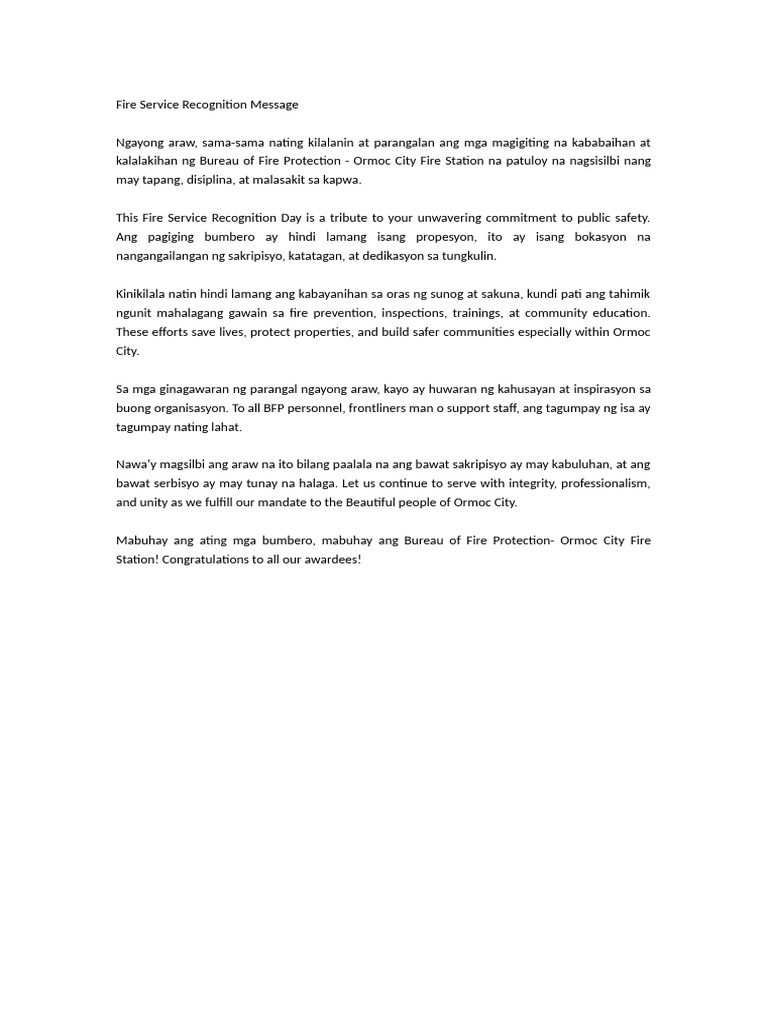 Fire Service Recognition Message | PDF
