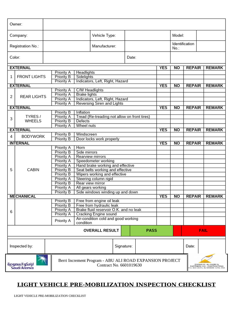 Light Vehicle Pre-Mobilization Checklist | PDF | Tire | Vehicles