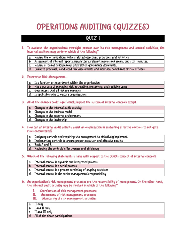 Operations Auditing Quiz for Internal Controls | PDF | Internal Audit ...
