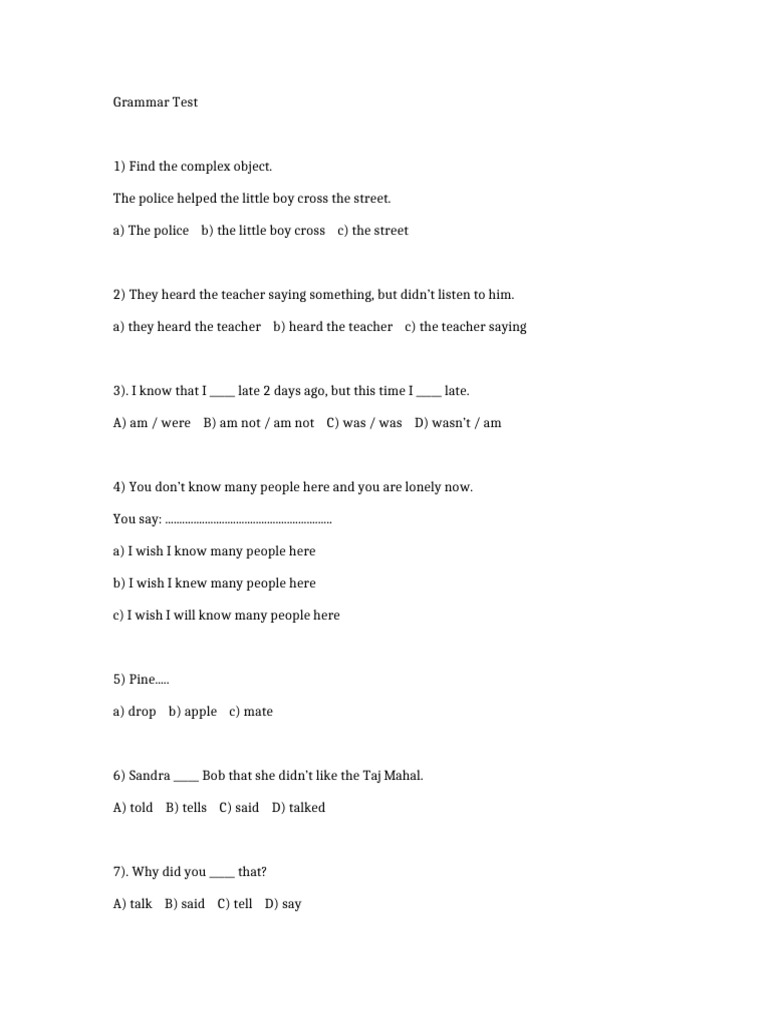 Grammar Test: Complex Objects & Tenses | PDF