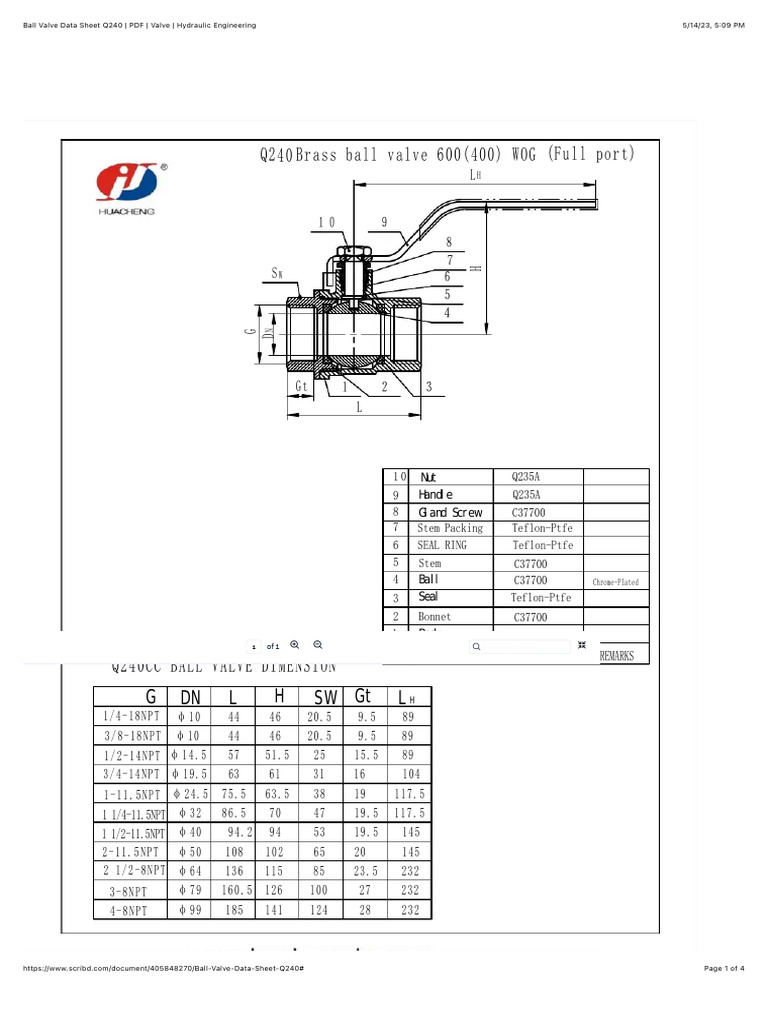 Ball Valve Q240 Data Sheet PDF | PDF | Valve | Chemical Engineering